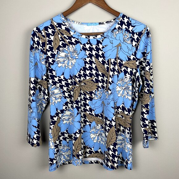 J. Mclaughlin Catalina Cloth‎ Top Womens Large Blue Floral Blouse 3/4 Sleeve Tee - Picture 11 of 13